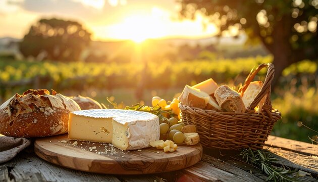 Delicious cheese and bread picnic basket with wine and vineyard sunset view. - Powered by Adobe