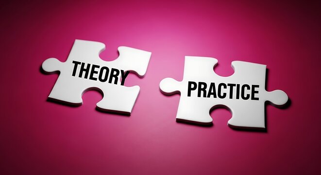 Theory and practice concept with puzzle pieces on a pink background