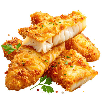 Tender and flaky fried perch fillets, a delicious and healthy white fish dish, perfectly isolated on white background for a clean food presentation