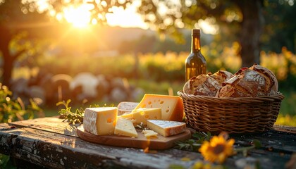 Delicious cheese with bread, and wine picnic outdoors at sunset, and with sun flare.
