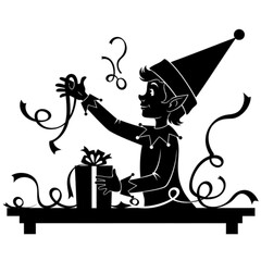 Festive Christmas elf silhouette wrapping a holiday gift with ribbons.