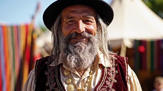Senior Man Wearing Traditional Clothing Smiling at a Medieval Fair