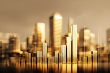 Golden Bar Chart Cityscape with Reflective Surface and Blurred Skyscrapers