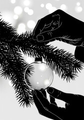 Silhouette of hands carefully hanging a glass ornament on a Christmas tree branch.