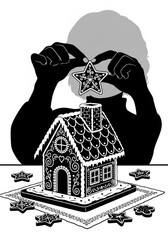 A persons silhouette carefully places a star cookie on a detailed gingerbread house.