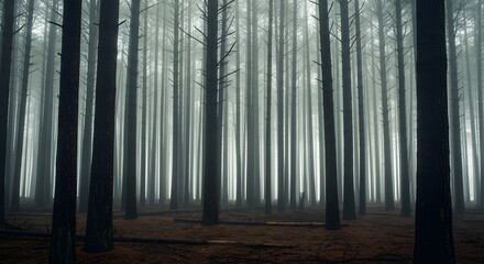 Dense misty forest with tall trees and a serene atmospheric fog