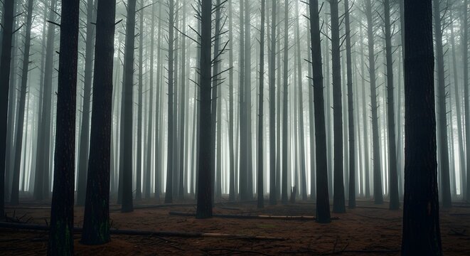 Dense misty forest with tall trees and a serene atmospheric fog