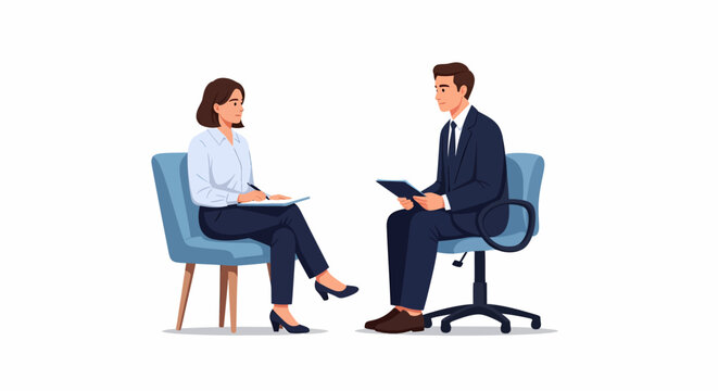 A man in a suit conducts a job interview with a woman in an office setting vector illustration