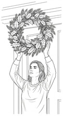Black and white line art illustration of a woman hanging a festive Christmas wreath.