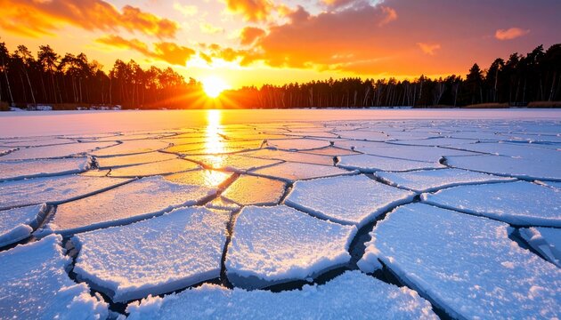 Dramatic sunset over cracked ice lake with warm colors and silhouettes of trees.