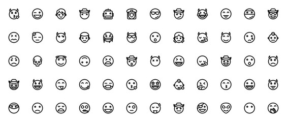 Smiley and people icon set. Expressive emoji vector ollection. Featuring kiss,wink, boy, robot, cool, laghing, love, sad, angry, cwboy, alien and more. Editble thin line icons.