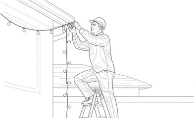 Man on a step ladder carefully hanging festive string lights on a roofline.