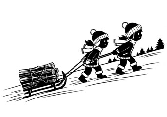Two children in winter clothes pulling a sled with firewood.