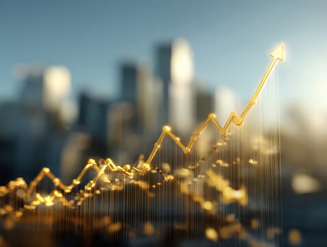 Golden financial growth chart with an upward arrow over a blurry city skyline.