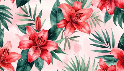 Red lilies, green palms over light pink backdrop, seamless