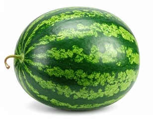 Ripe watermelon, green striped skin, with curled stem