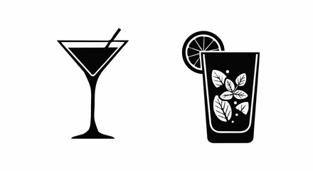Concept of classic and refreshing drink icons, showcasing an elegant martini glass and a vibrant mint beverage with lemon, perfect for bar menus, happy hour, and celebration designs
