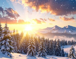 Snowy forest landscape at sunset with mountains and snowflakes