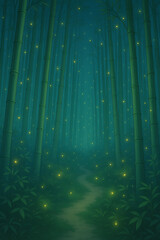Anime style dreamlike bamboo forest glowing with fireflies