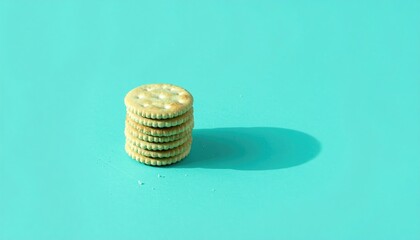 Stack of crackers with deep shadow on a teal background