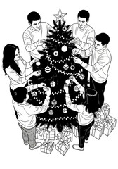 A happy family gathers together to decorate a Christmas tree with ornaments.