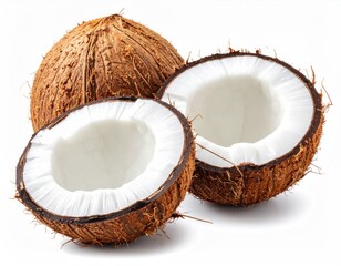Whole & halved coconuts show white interior, rough husk