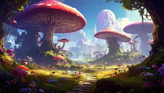 Lush, colorful fantasy landscape with giant mushrooms