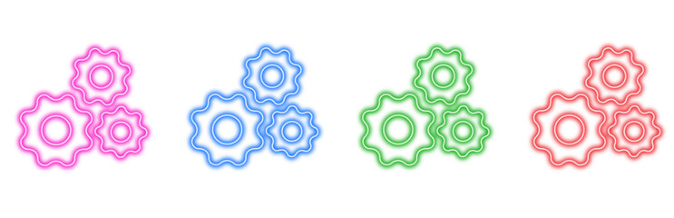 A colorful set of interconnected neon gear icons representing teamwork and mechanical processes, isolated on a clean white background, ideal for technology and industry concepts