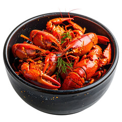 Pickled crayfish in a dark bowl, a festive and flavorful scandinavian appetizer, a traditional dish for summer crayfish parties and celebrations