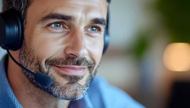 Face of middle age man call center employee working virtually online at home office wearing a headset looking aside and smiling.