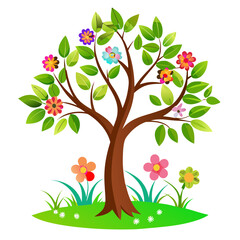 Obraz premium Cheerful spring illustration of a blossoming tree with colorful flowers and vibrant green leaves, perfect for nature-themed designs and spring promotions