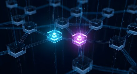 Futuristic visual showing connected glowing cubes representing blockchain technology, cryptocurrency data, and secure decentralized networks on a dark background. Highlights concepts of data transfer.