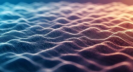 Futuristic abstract background depicting smooth, undulating digital waves and glowing particles, transitioning between cool blue and warm orange/red. Ideal for visualizing big data, soundwaves.