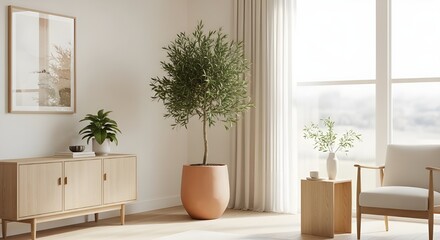 Bright, minimalist interior design scene featuring a large potted tree and small plant, light wooden furniture, and a window with sheer curtains. Promotes biophilic design, wellness.