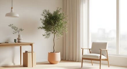 Clean, minimalist interior featuring a large potted tree, a stylish modern armchair, and light wooden furniture by a sunlit window with flowing curtains. Visualizes biophilic design.
