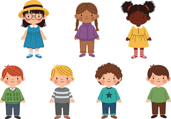Cartoon children standing together, diverse kids, colorful outfits, smiling faces, unique hairstyles, cheerful mood, isolated characters, playful pose, white background