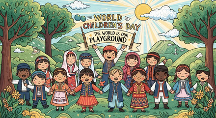 World Children's Day Doodle Illustration: Diverse Group of Kids Playing Outdoors Around a Colorful Tree, Celebrating Unity and Global Childhood Happiness Concept