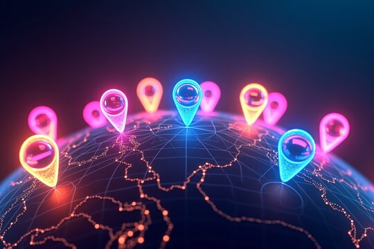 Neon location pins glow on a digital globe, symbolizing global connectivity and tech-driven navigation in vibrant, futuristic hues.