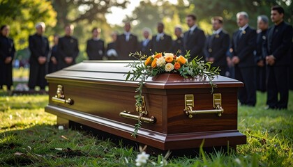 Funeral scene wooden coffin with flowers with surrounded by mourning family.