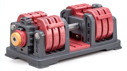 Adjustable dumbbell with weight plates, training equipment for fitness and workout isolated