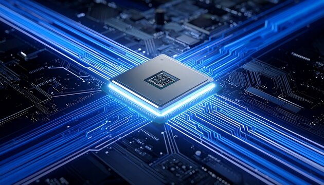 Futuristic CPU Central Processing Unit on Motherboard with Glowing Technology Concept.