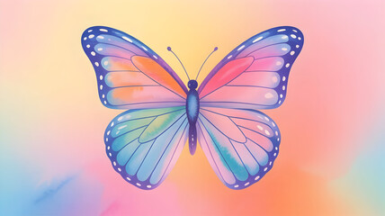 Graceful watercolor butterfly illustration showcasing colorful wings on a dreamy pastel gradient background