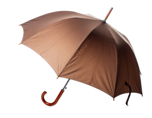 Brown Classic Umbrella with Wooden Handle Isolated on Black Background Detailed Texture and Water Droplets Reflecting Light