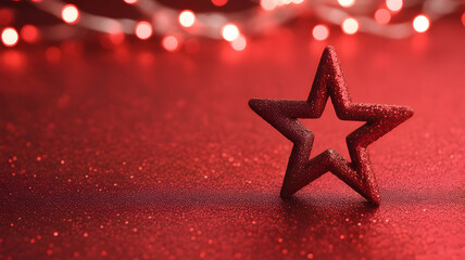 Red glitter star illustration with festive bokeh lights on a sparkling crimson background for holiday celebration