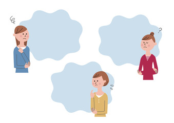 女性の悩みや考えごとを表すイラスト（人間関係・仕事・メンタルヘルス）