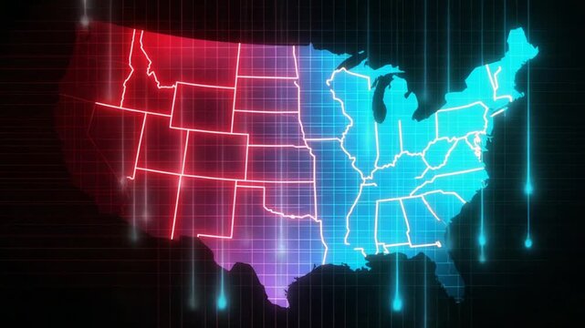 Illuminated us map split by color on a black background