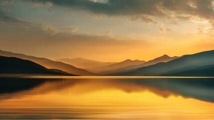 Golden Sunset Reflection on a Calm Lake with Layered Mountain Silhouettes
