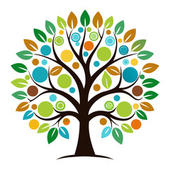 Fototapeta premium Vibrant stylized tree with colorful leaves and circles, perfect for eco-friendly branding, nature-themed designs, or creative spring season projects