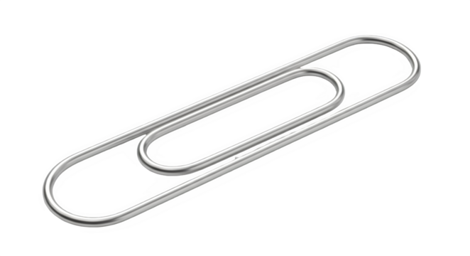 A single silver paperclip isolated on a black background in a horizontal orientation showing detail on transparent background