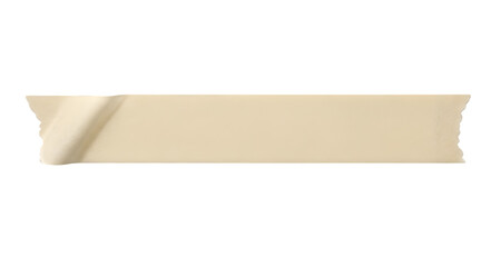 A single piece of beige masking tape with torn edges on a black background in a horizontal orientation on transparent background